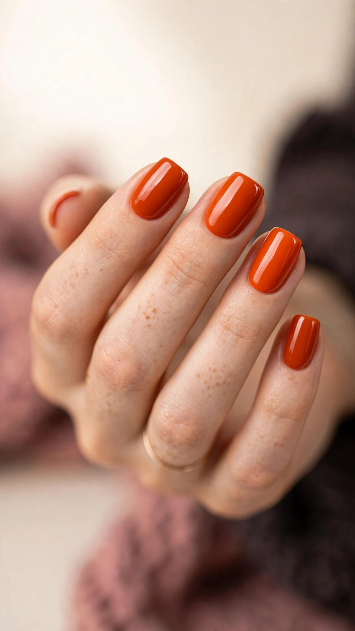Deep burnt orange solid manicure with glossy finish on squoval nails