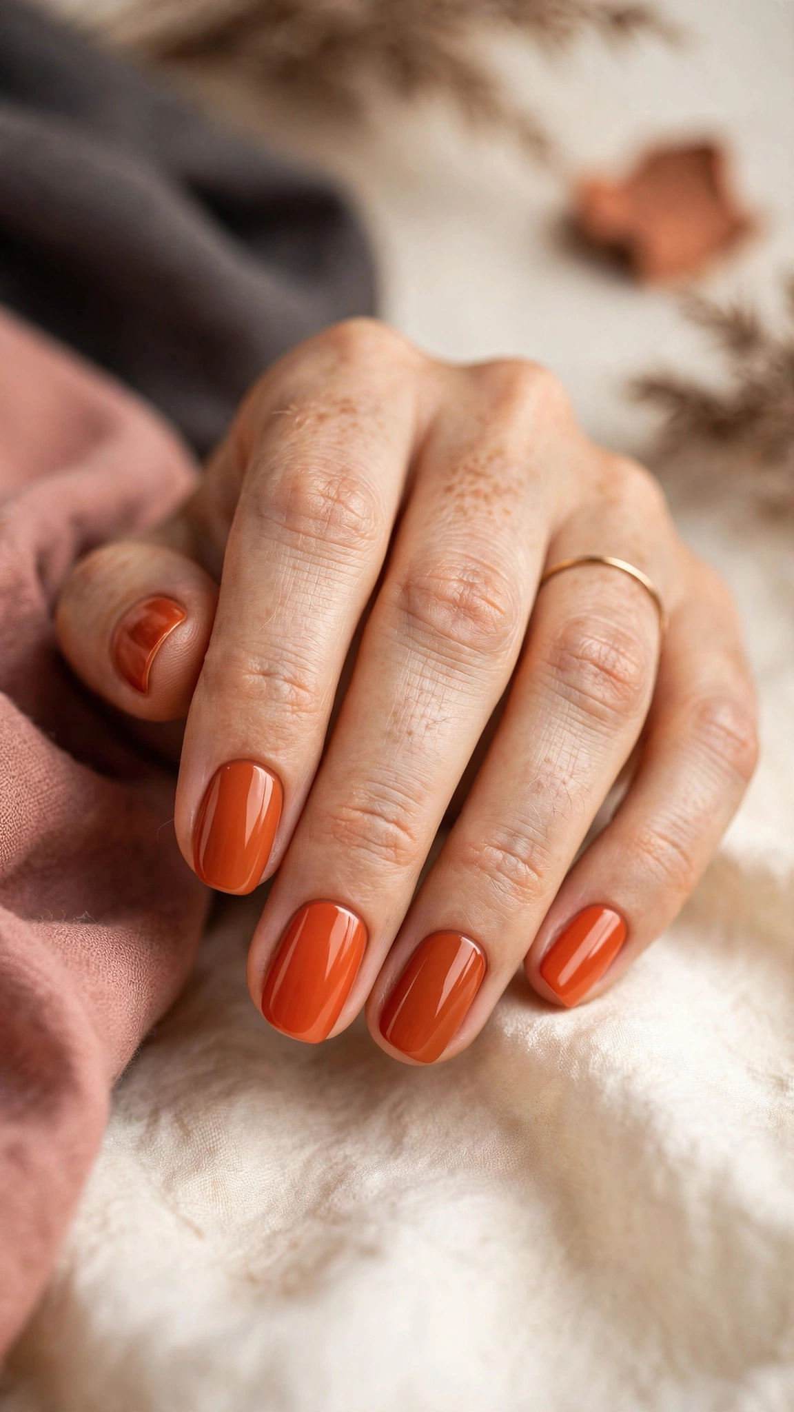 Earthy terracotta nail polish in a muted clay shade