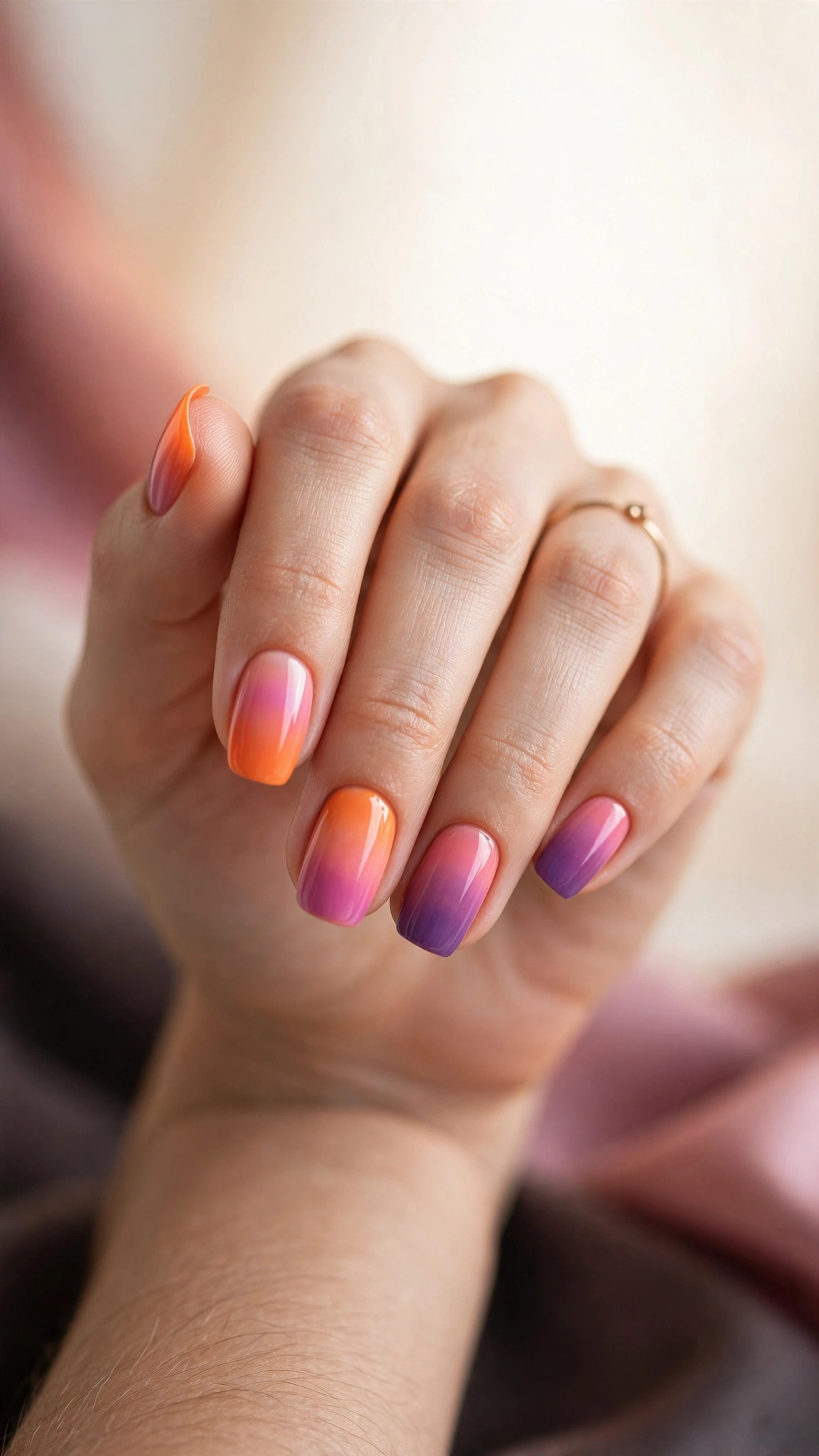 Sunset ombre nails fading from orange to pink and purple