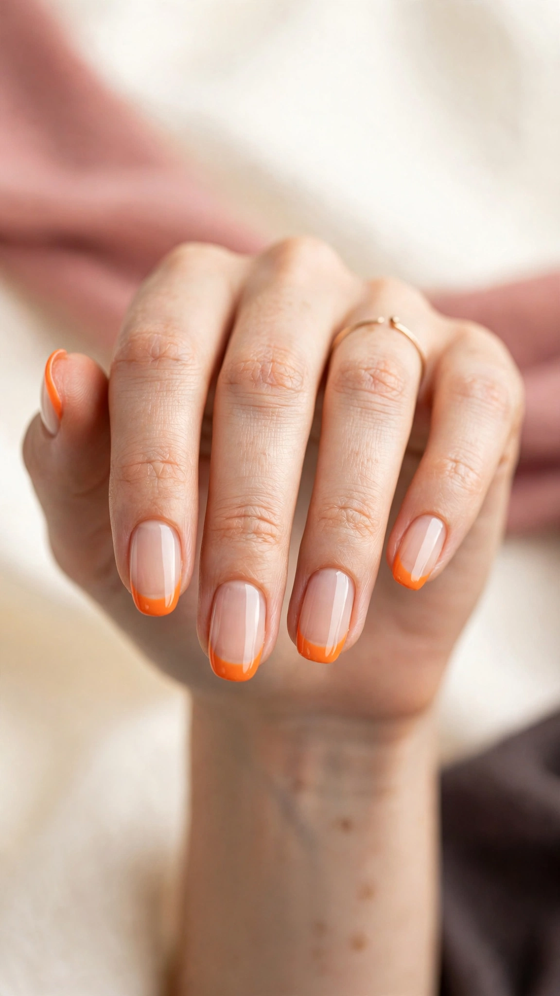 Orange French tip nails with sheer nude base