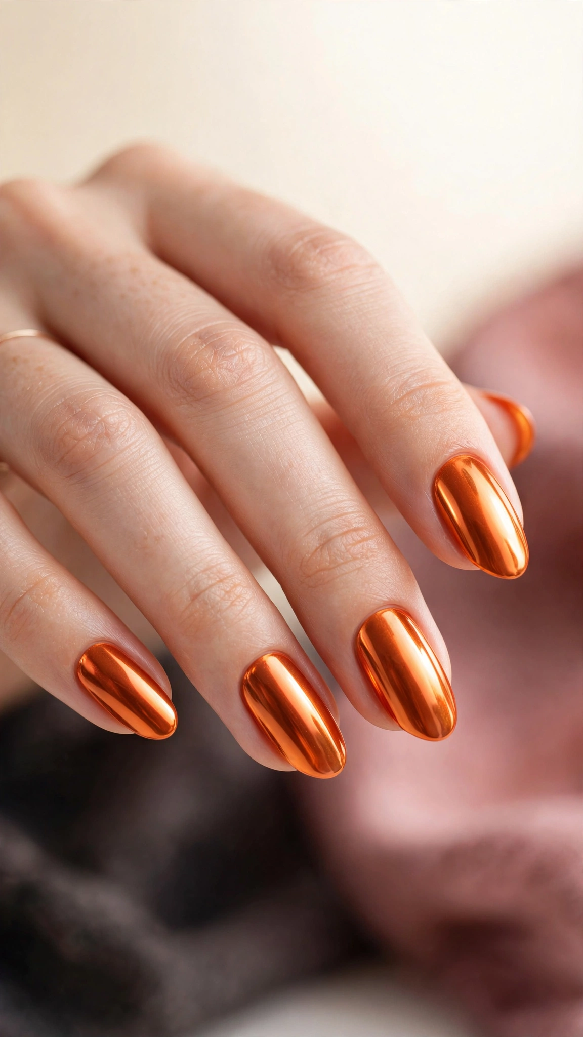 Mirror-shine orange chrome nails with liquid metal finish