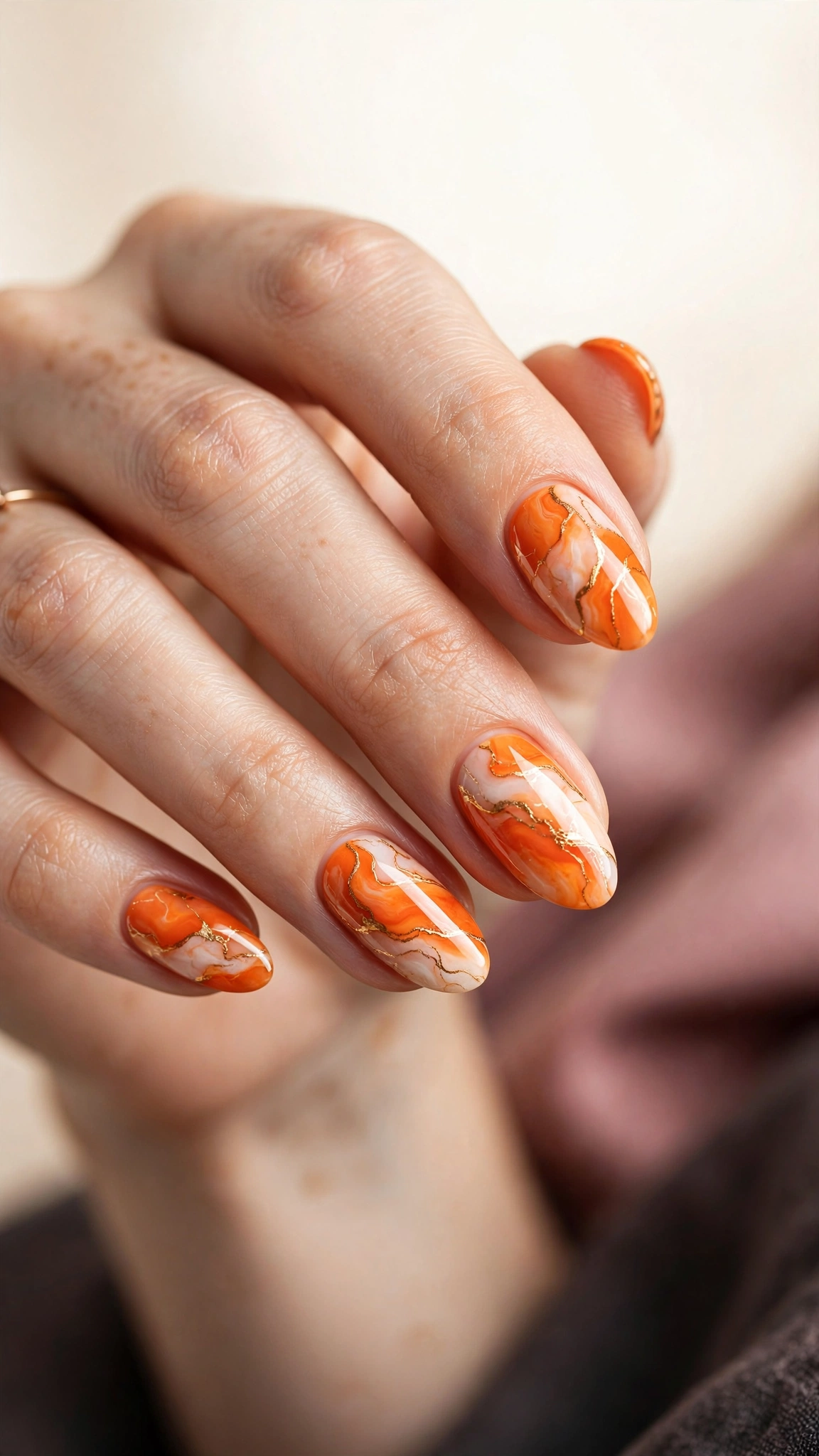 Orange and white marble nail art with gold veining