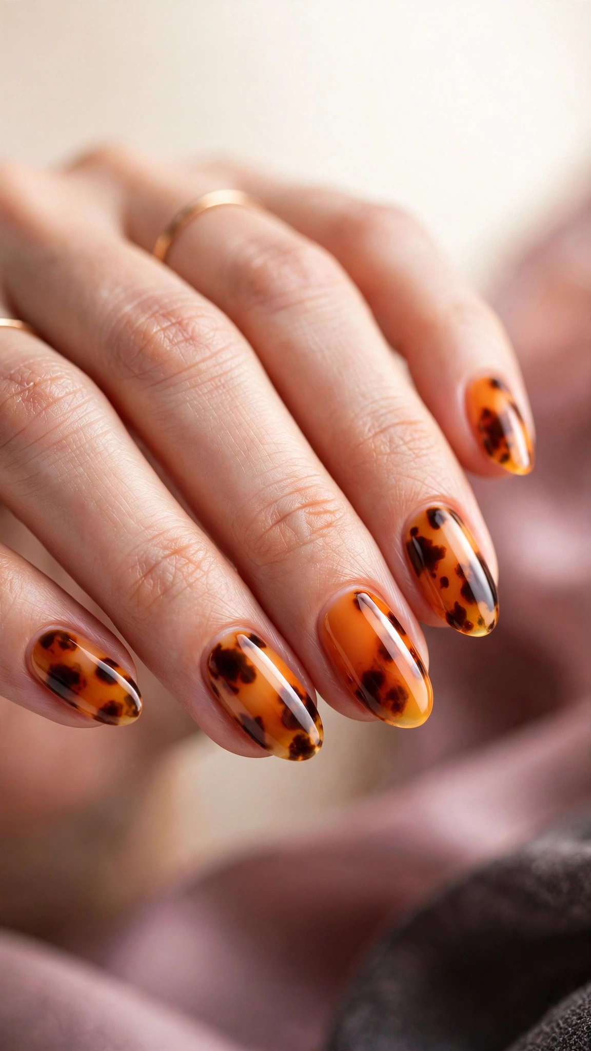 Amber tortoiseshell nail art in translucent orange and brown