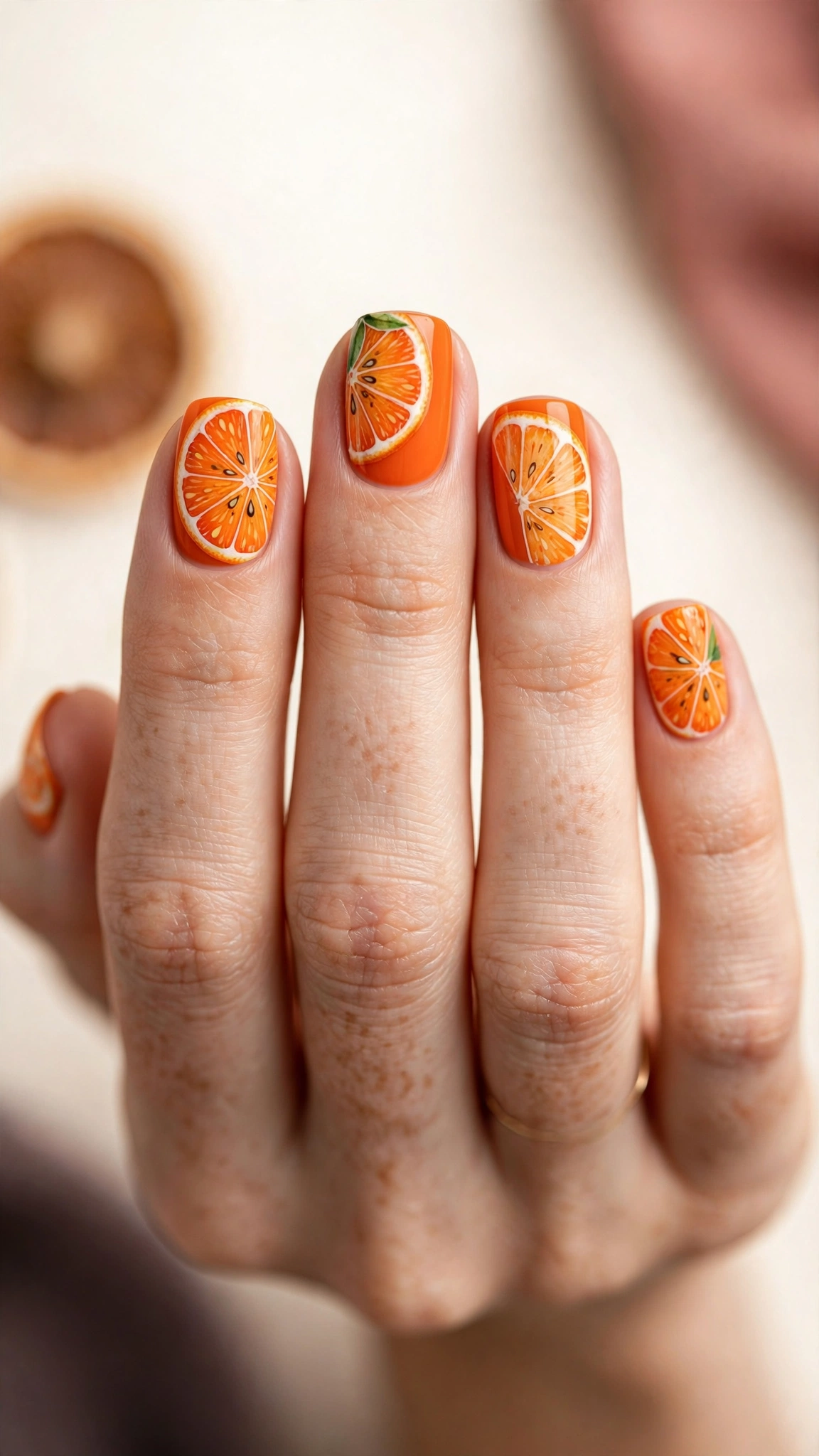 Citrus orange slice nail art with hand-painted fruit design