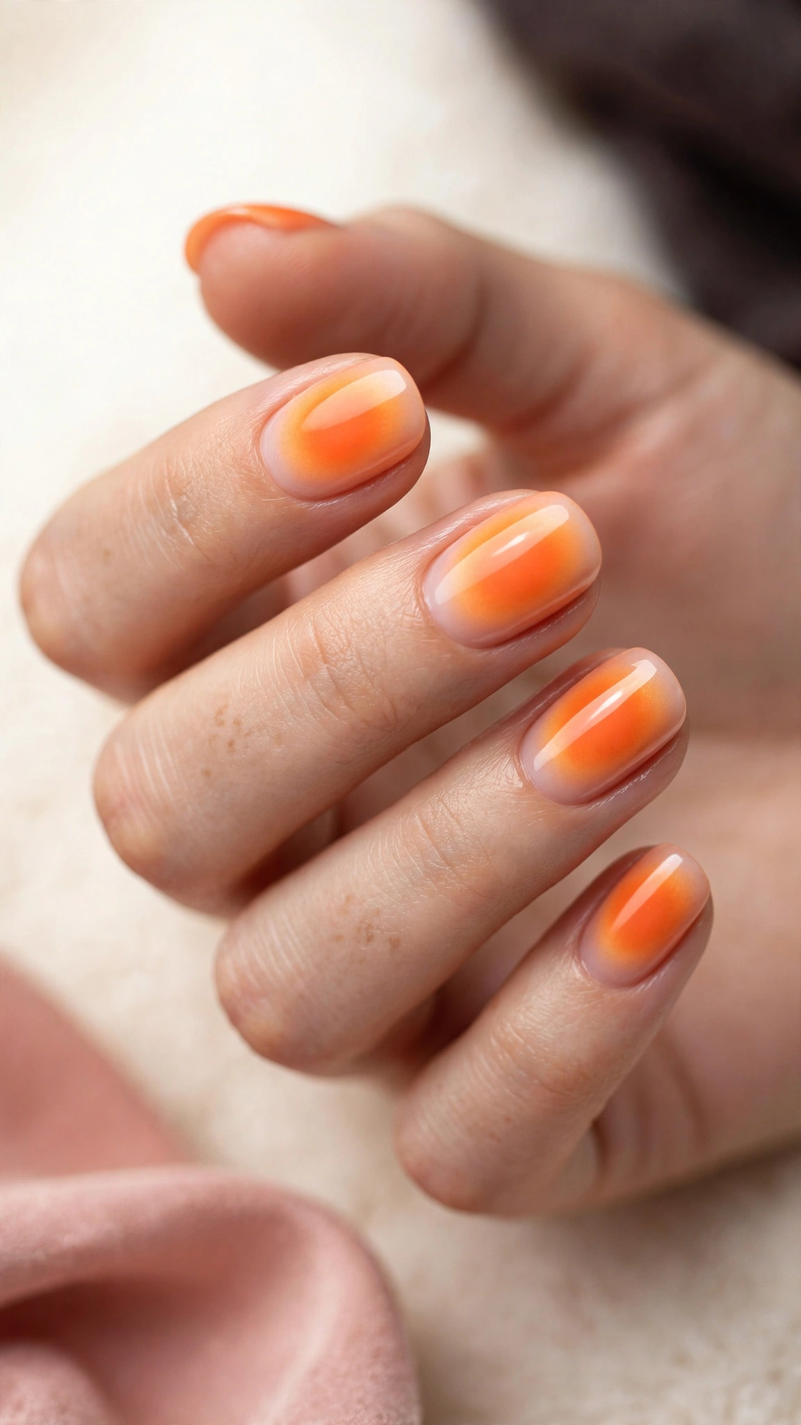 Orange aura nails with soft airbrushed halo effect