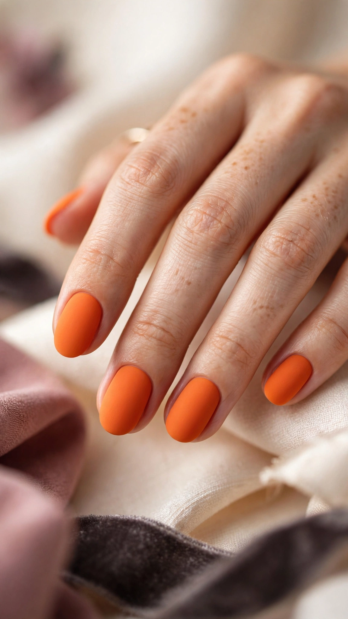 Velvety matte orange nails with flat modern finish