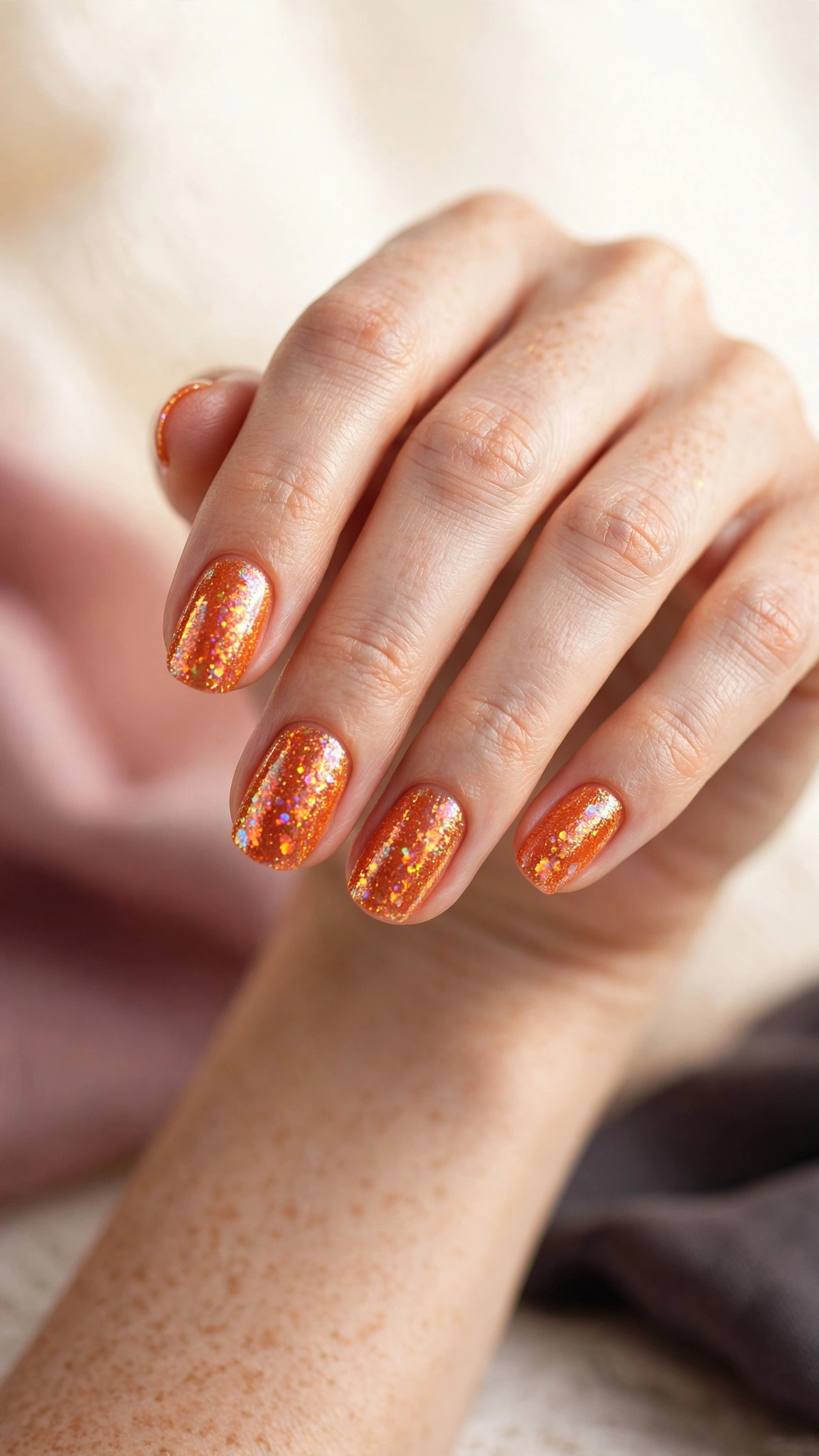 Sparkling orange glitter nails with holographic shimmer