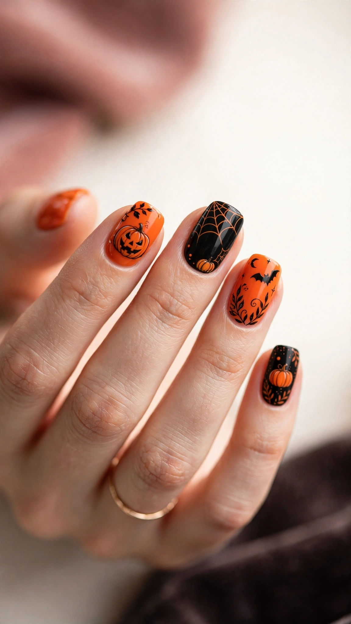 Halloween nail art with pumpkin orange and black designs
