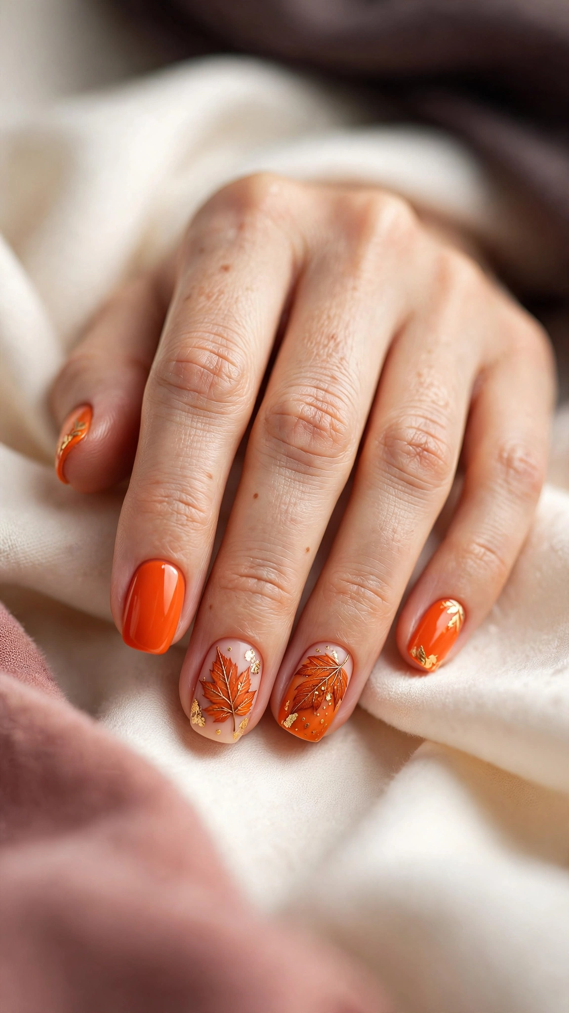 Autumn leaf nail art in rust orange and gold