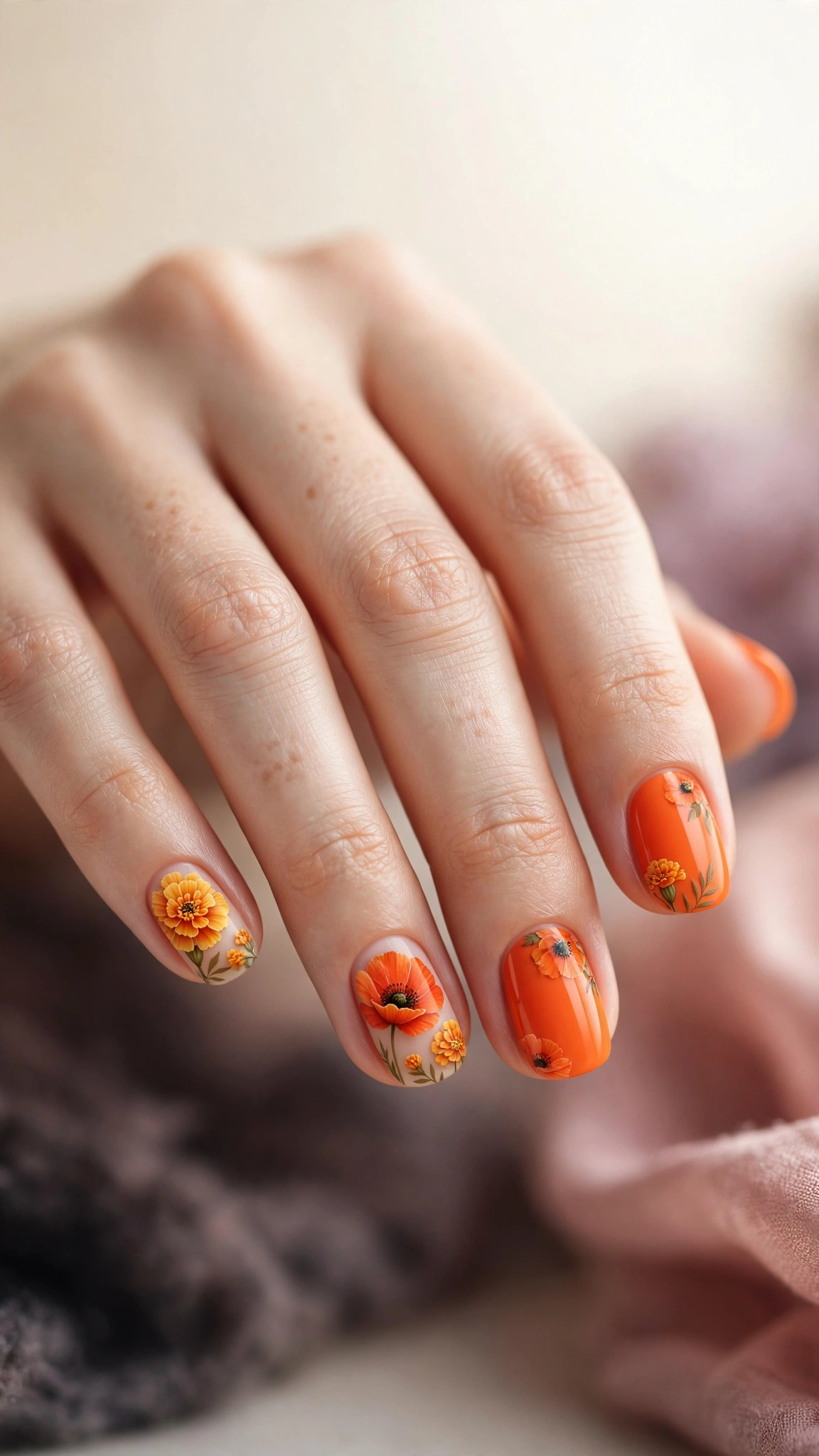 Orange floral nail art with marigold and poppy designs