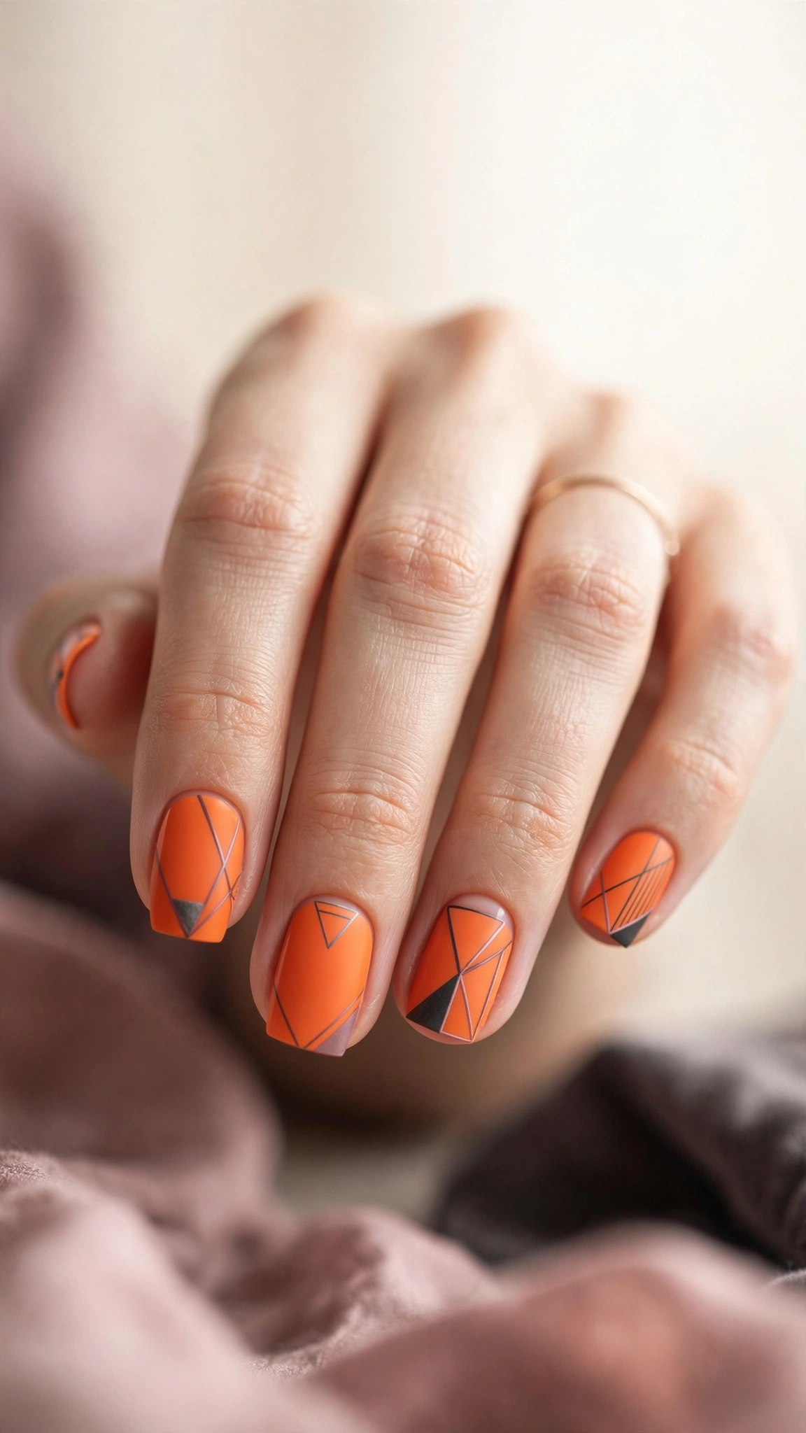 Geometric nail art with orange triangles and lines