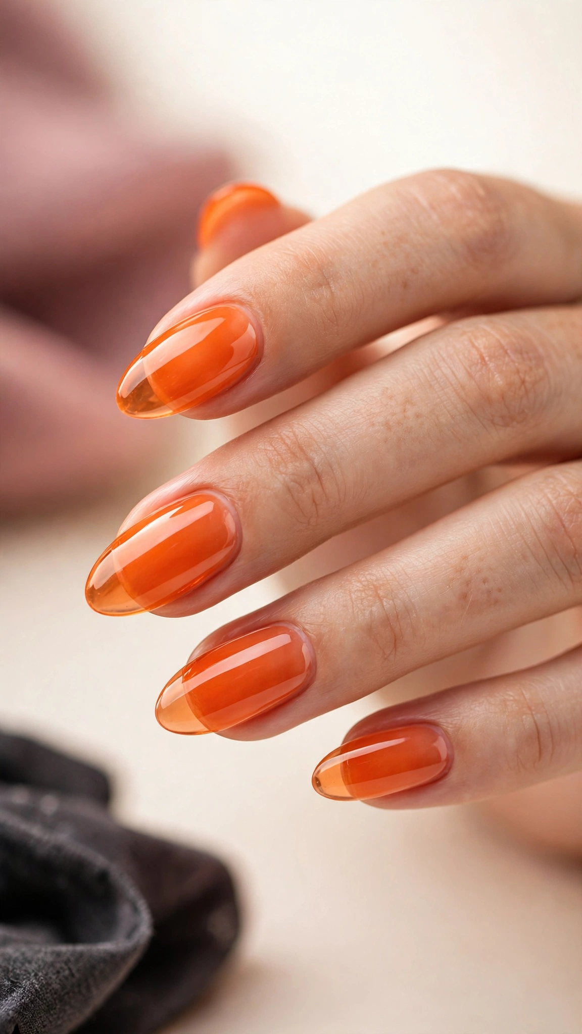 Translucent orange jelly nails with juicy glass finish