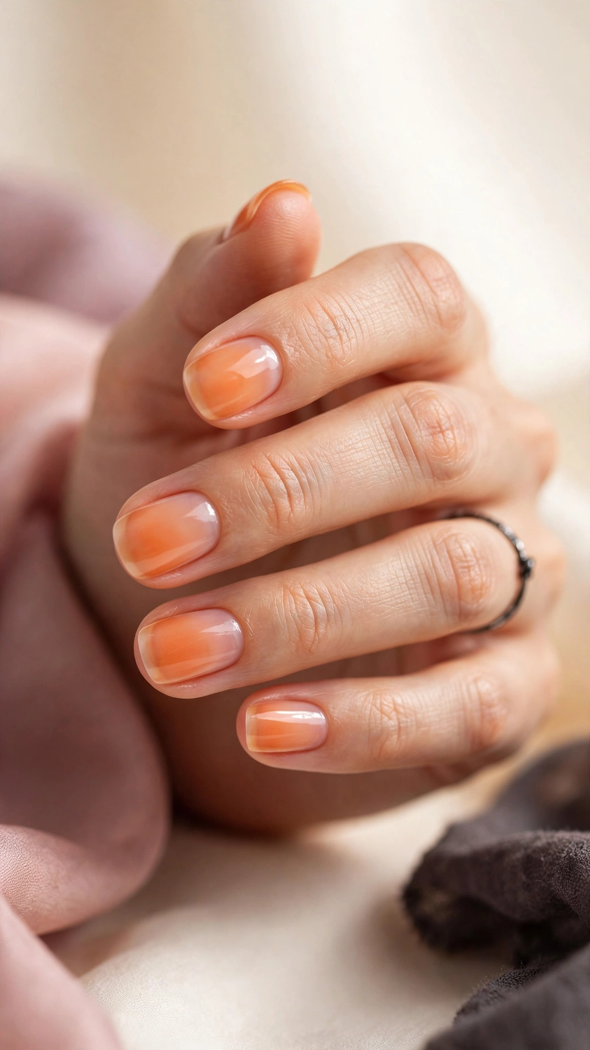Sheer apricot wash nails with milky translucent finish