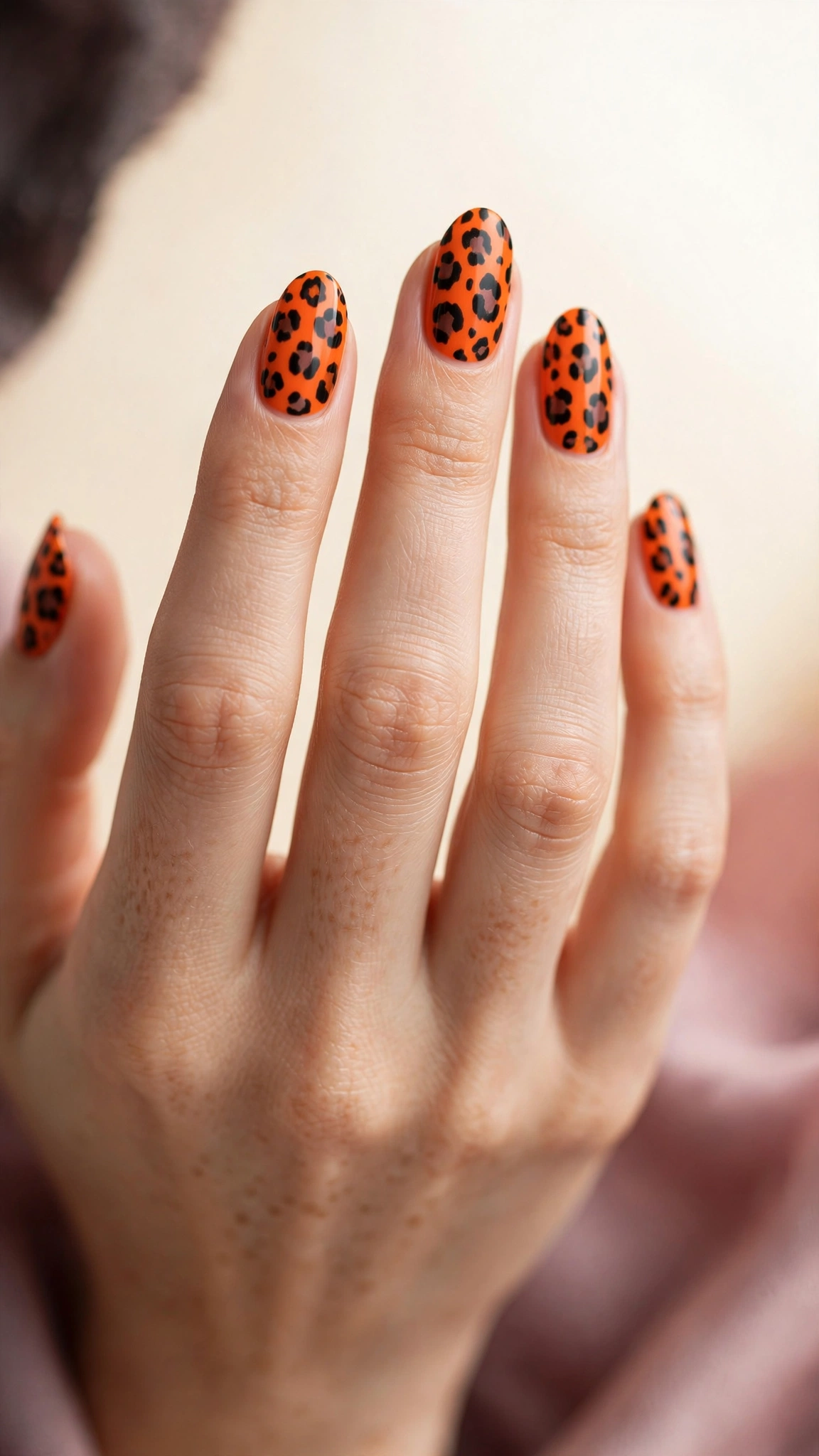 Orange leopard print nail art with wild spots