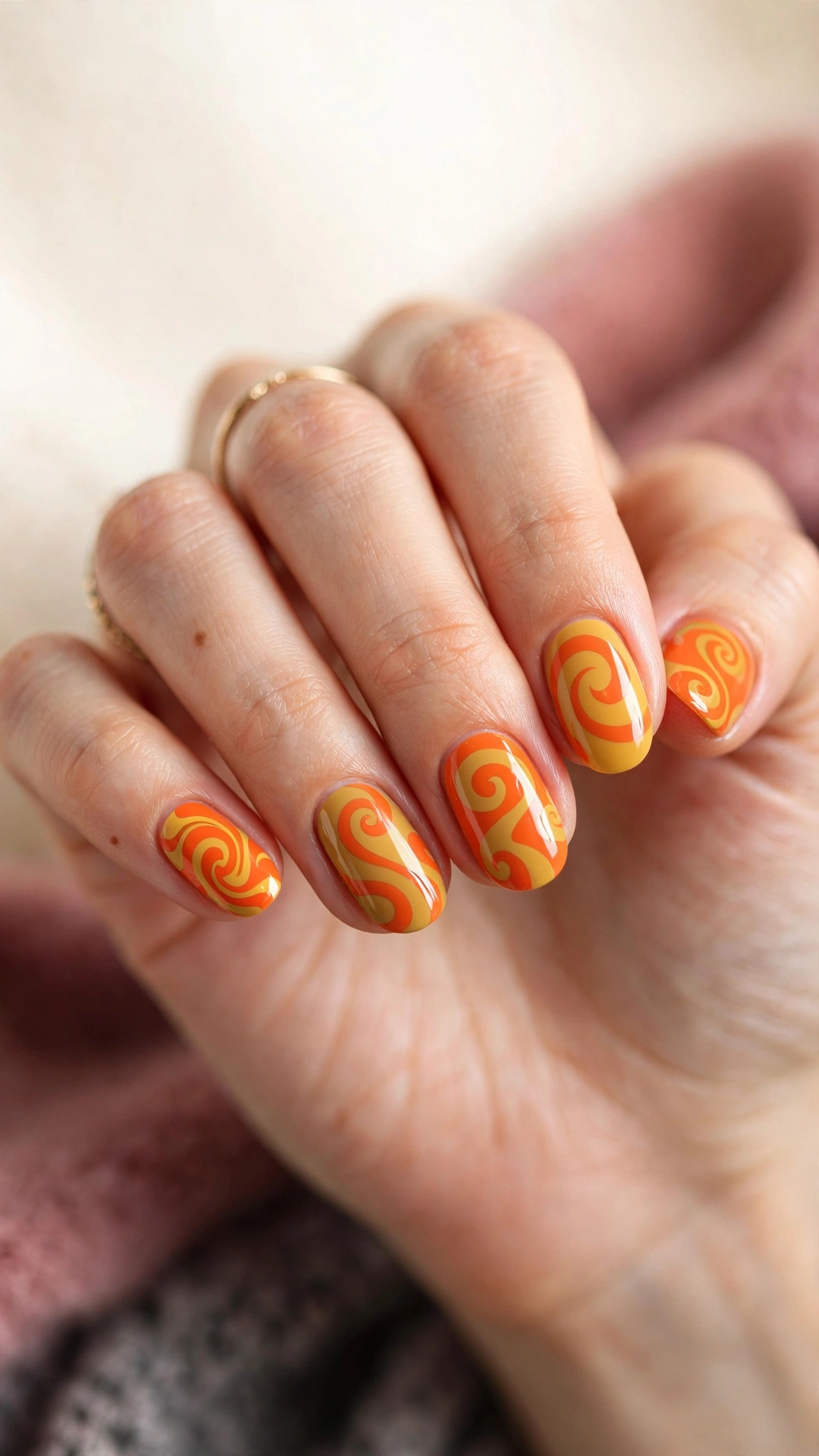 Retro 70s swirl nail art in orange and mustard