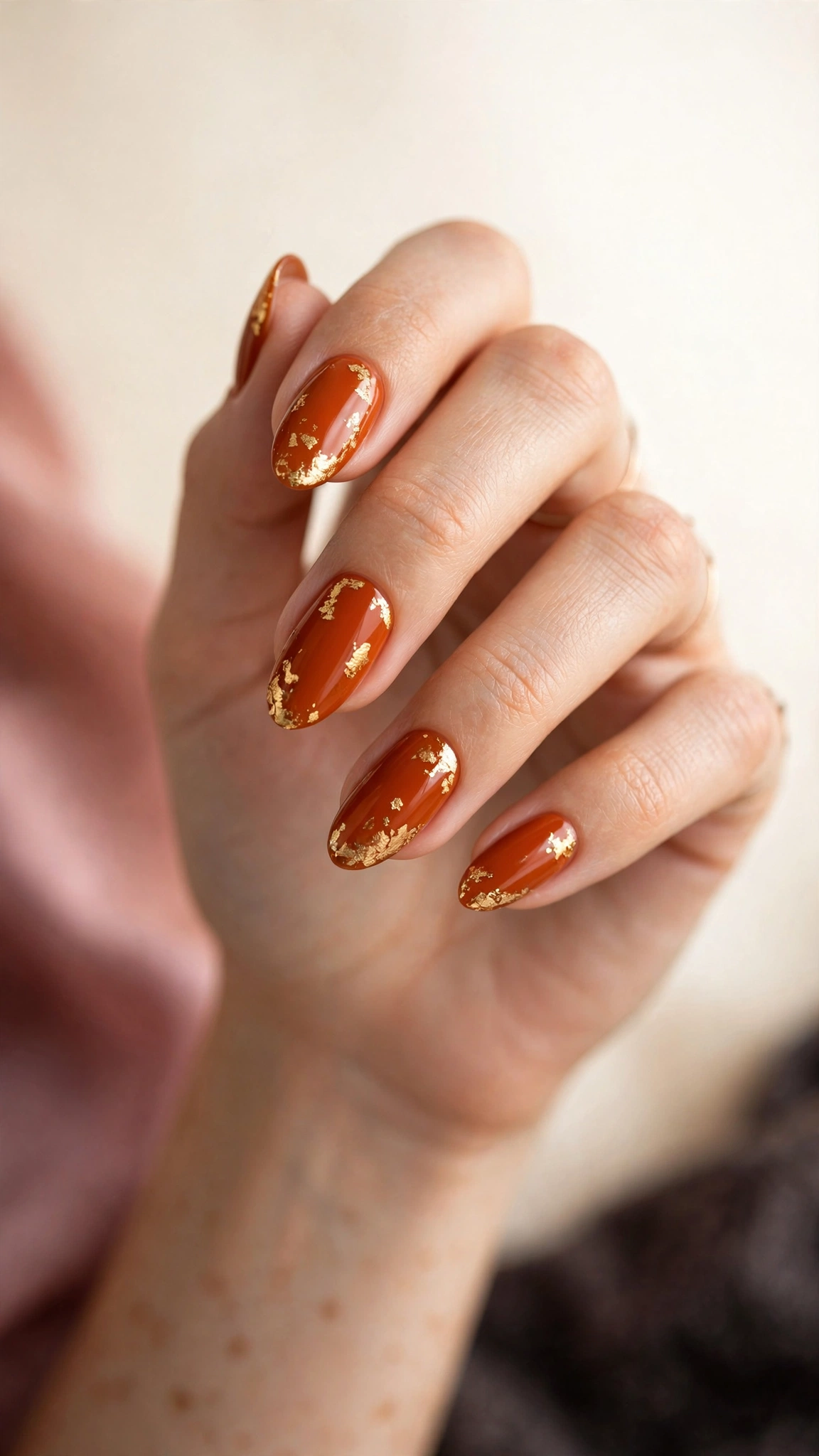 Burnt orange nails with gold foil flake accents
