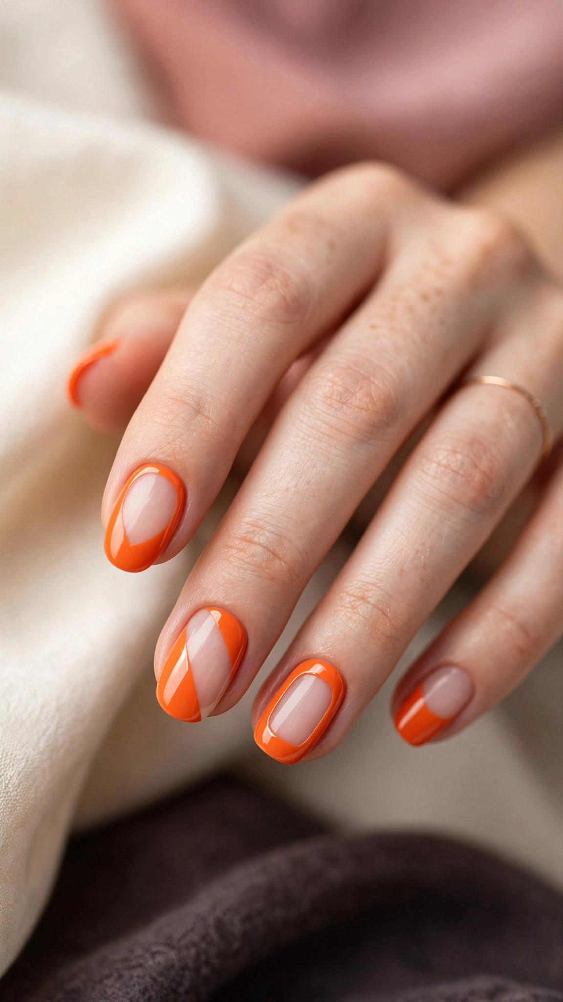 Orange negative space nail art with bare nail cutouts