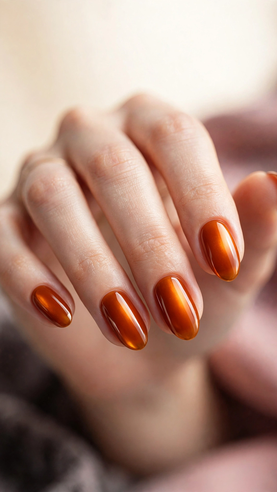 Deep amber jewel-toned orange nails with glowing finish
