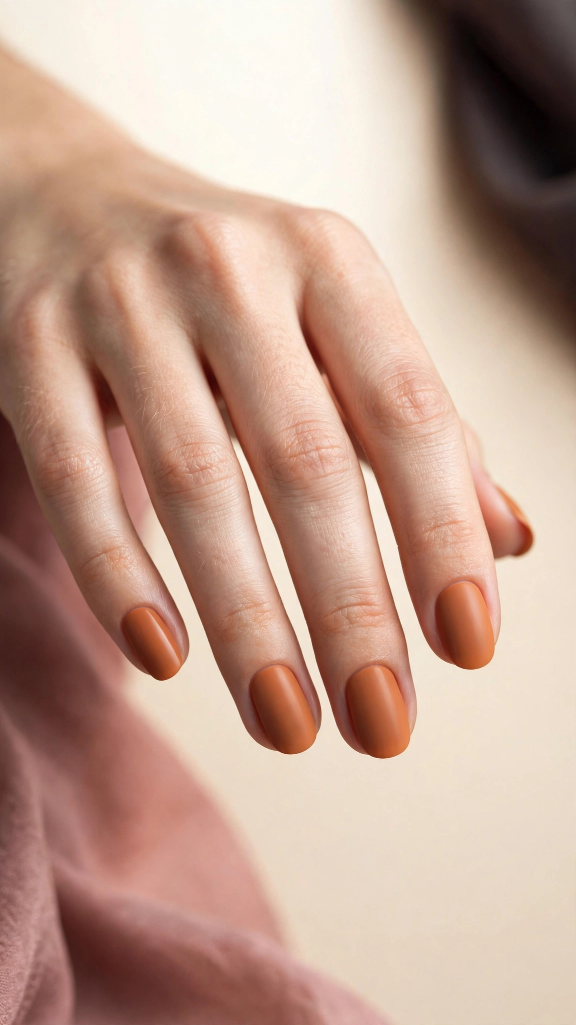 Muted clay orange nails in dusty sophisticated shade