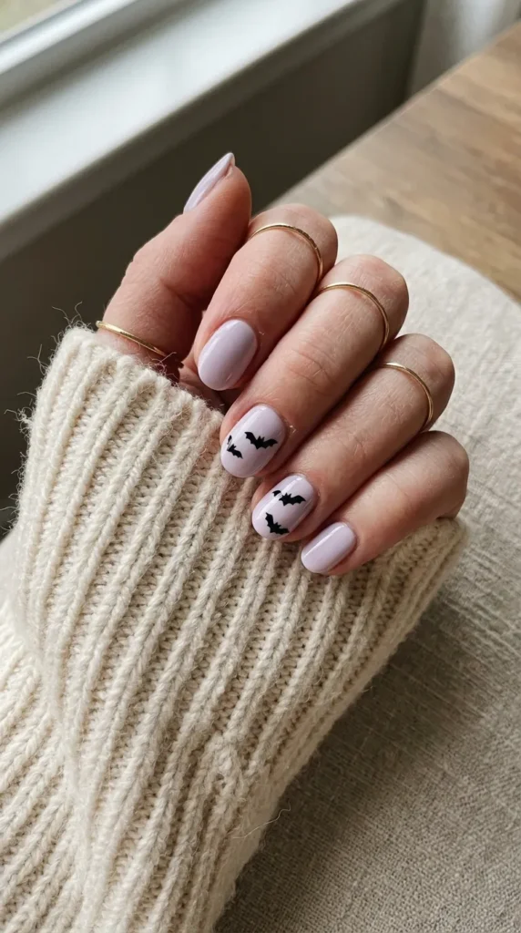 Pale lilac nails with small black bat silhouettes