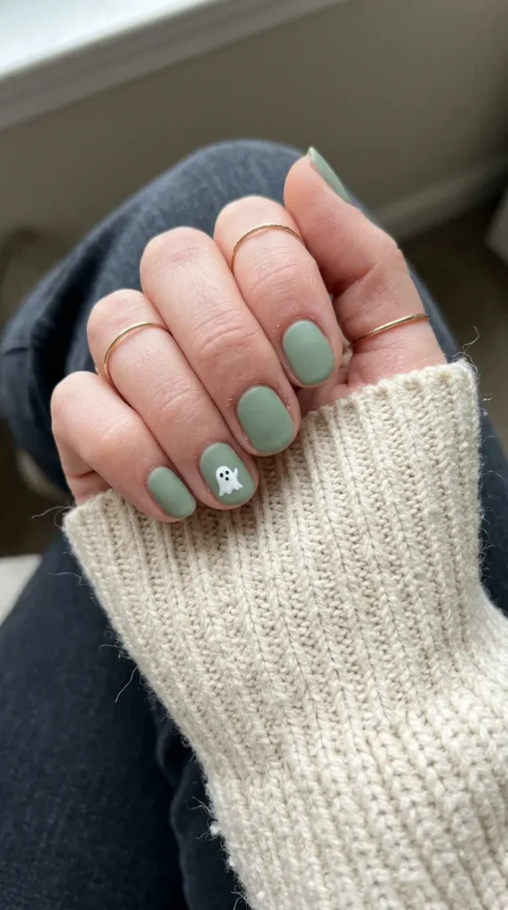 Matte sage green nails with one small white ghost