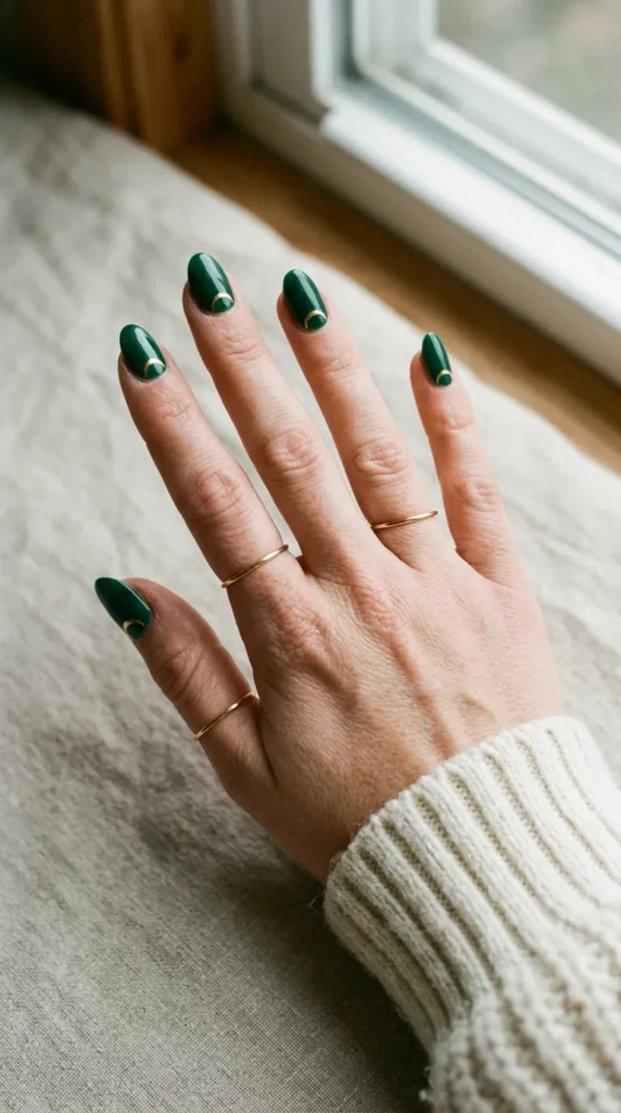 Emerald green nails with thin gold crescent moons