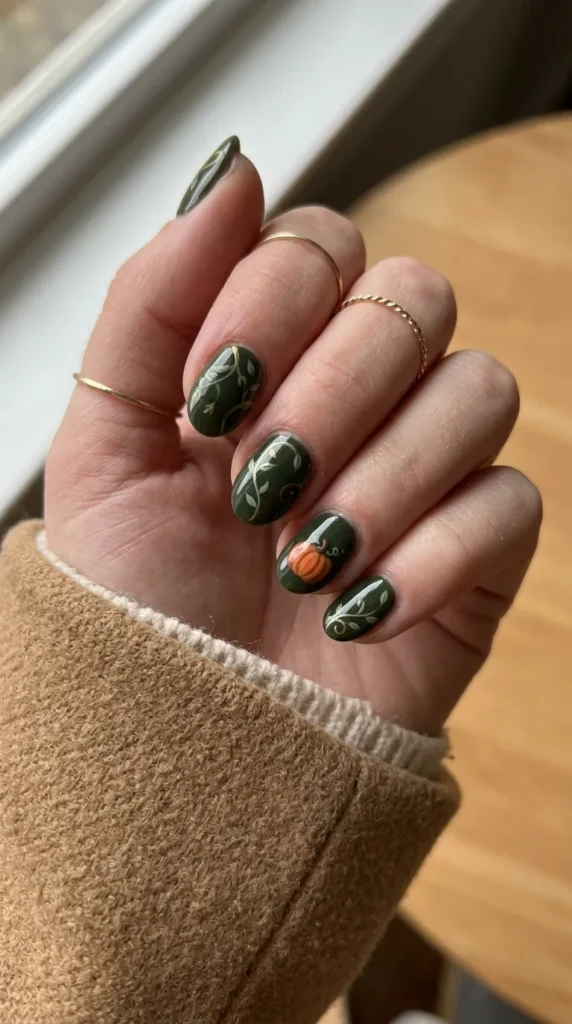 Moss green nails with one small orange pumpkin and curling vines