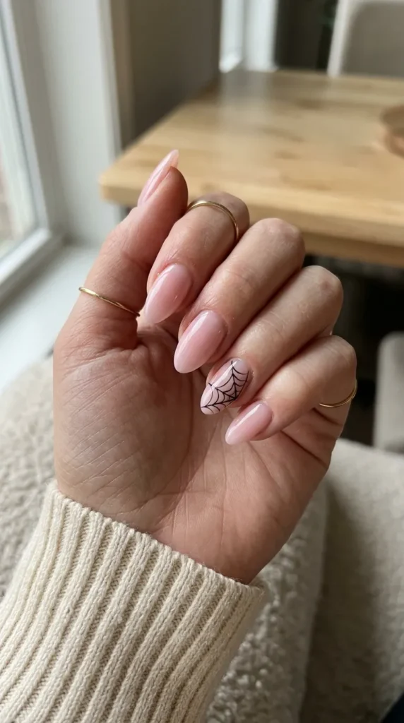 pink and black halloween nails: baby pink almond nails with one black spiderweb accent nail