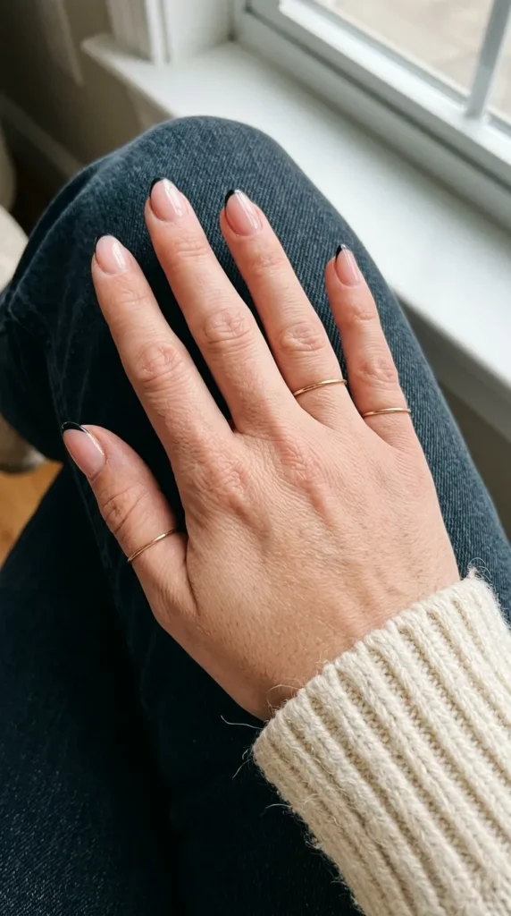 Blush pink French manicure with thin black tips for a soft Halloween look