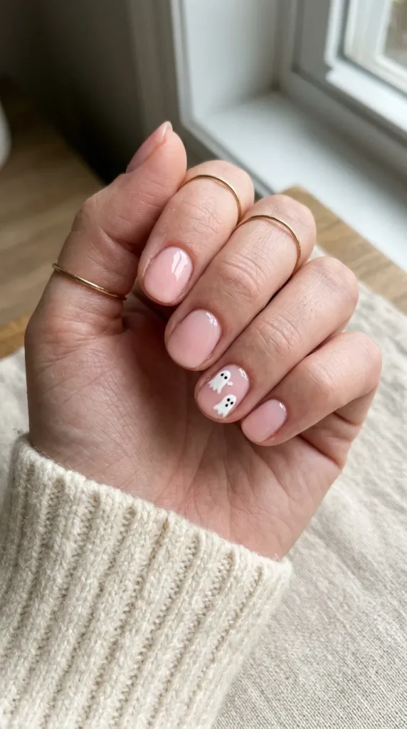 Pastel pink nails with small white ghosts with black dot eyes