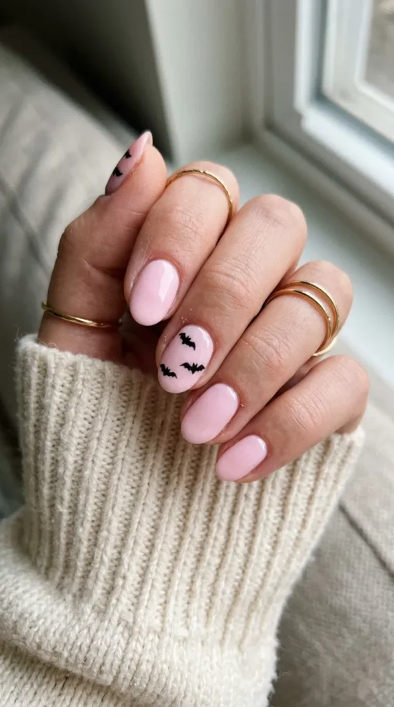 Light pink nails with two black bat silhouette accents