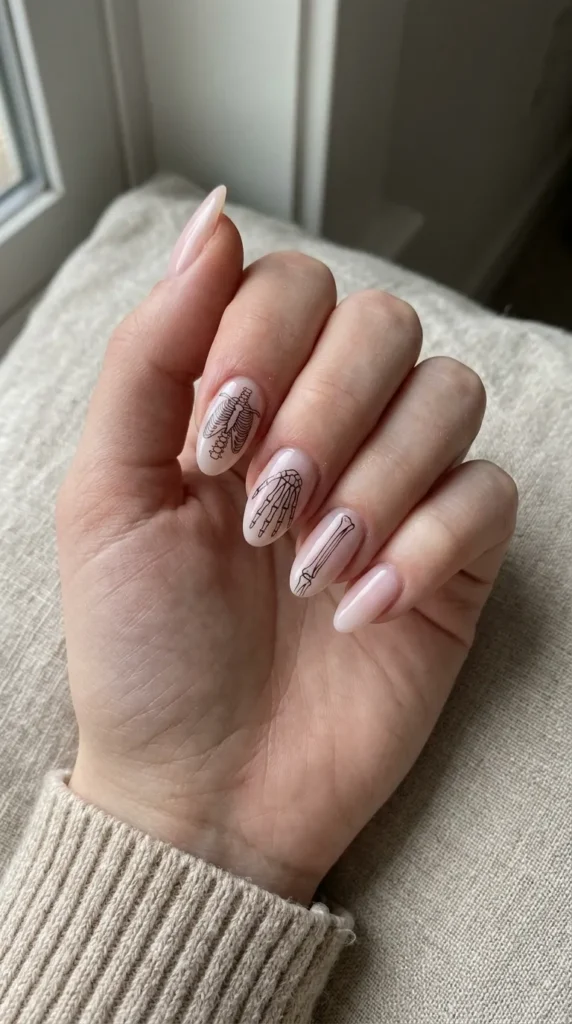 Milky pink nails with thin black skeleton bone line art