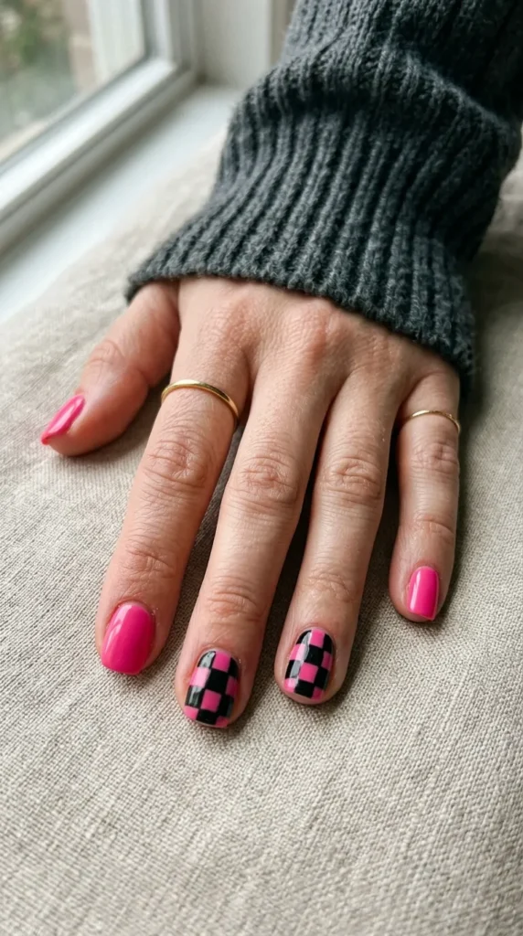 pink and black halloween nails with a hot pink and black checkerboard accent nail on a short square shape