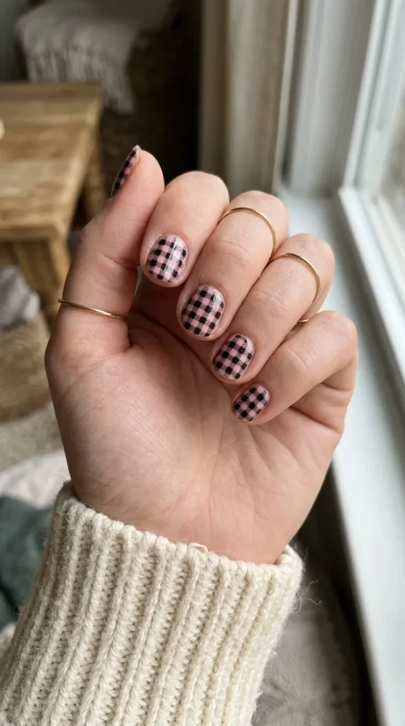 Pink and black gingham nail art on short nails