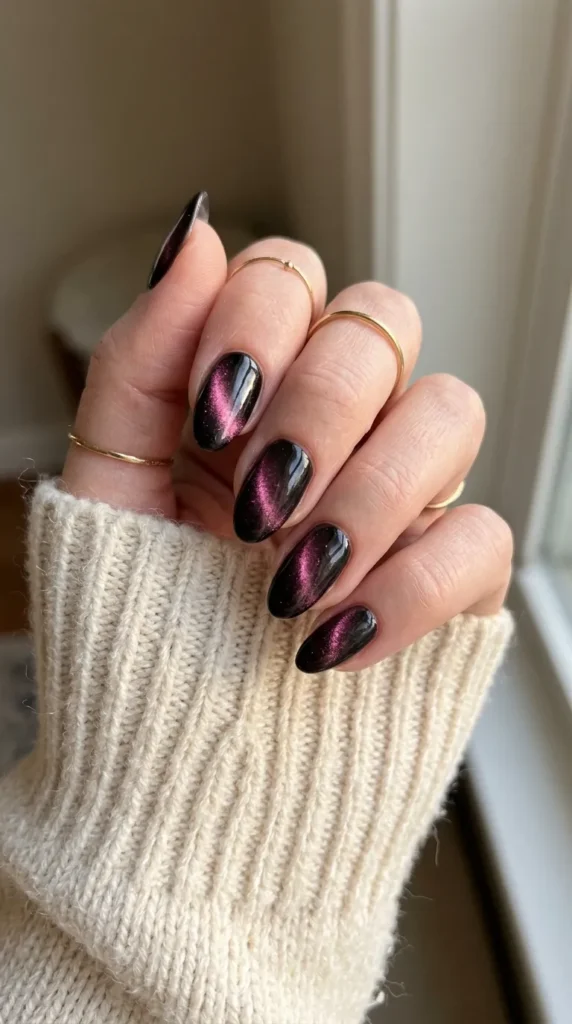 Black magnetic cat eye nails with a pink shimmer line
