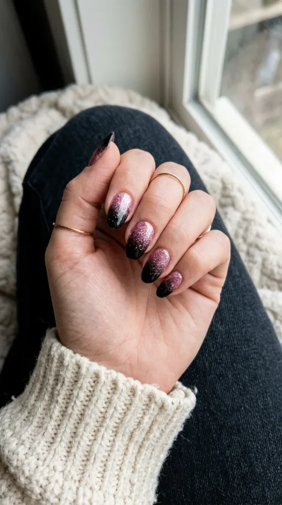 Ombre nails with pink glitter fading into black tips
