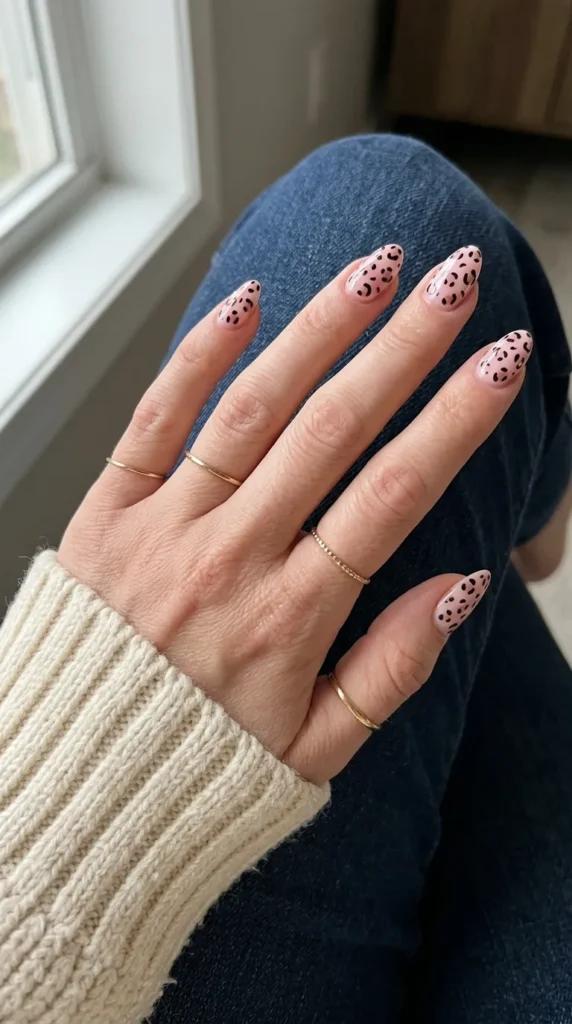 Pink and black leopard print nails on almond shape