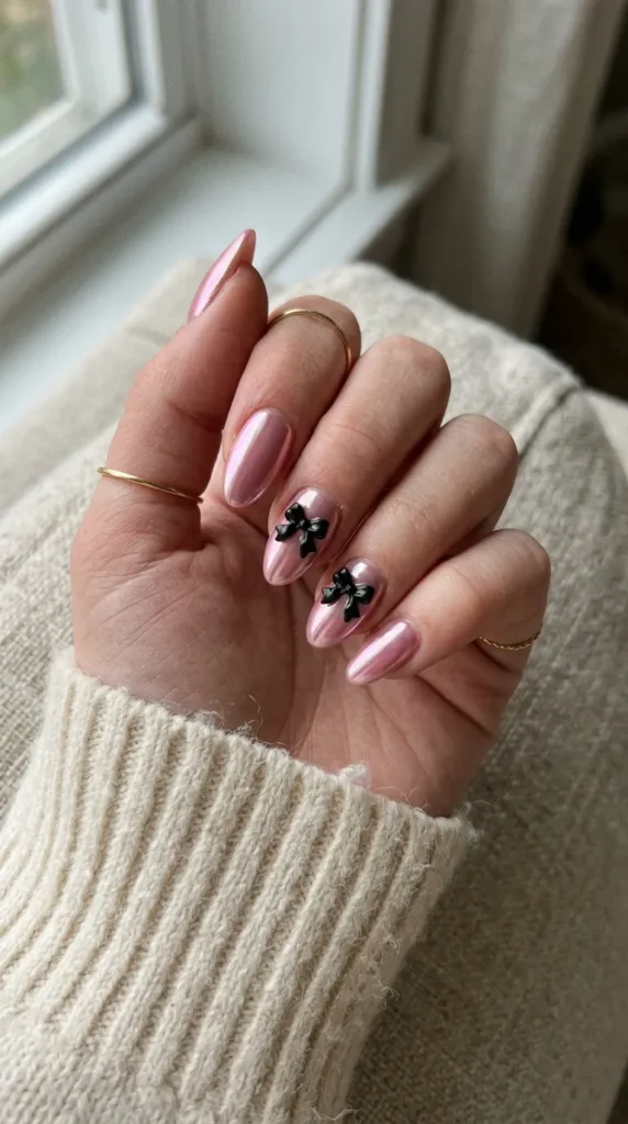 pink and black halloween nails: pink chrome nails with small black bow charms