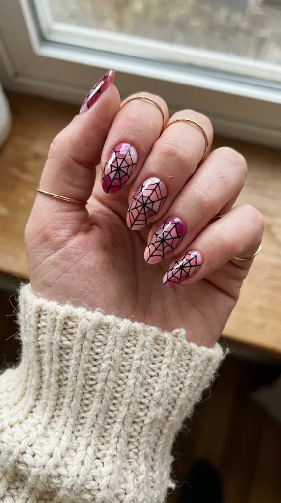 Stained glass spiderweb nails filled with shades of pink