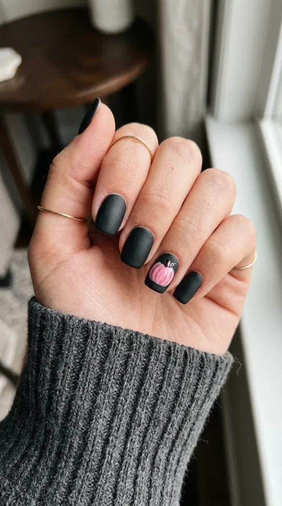 Matte black nails with one glossy pink pumpkin accent
