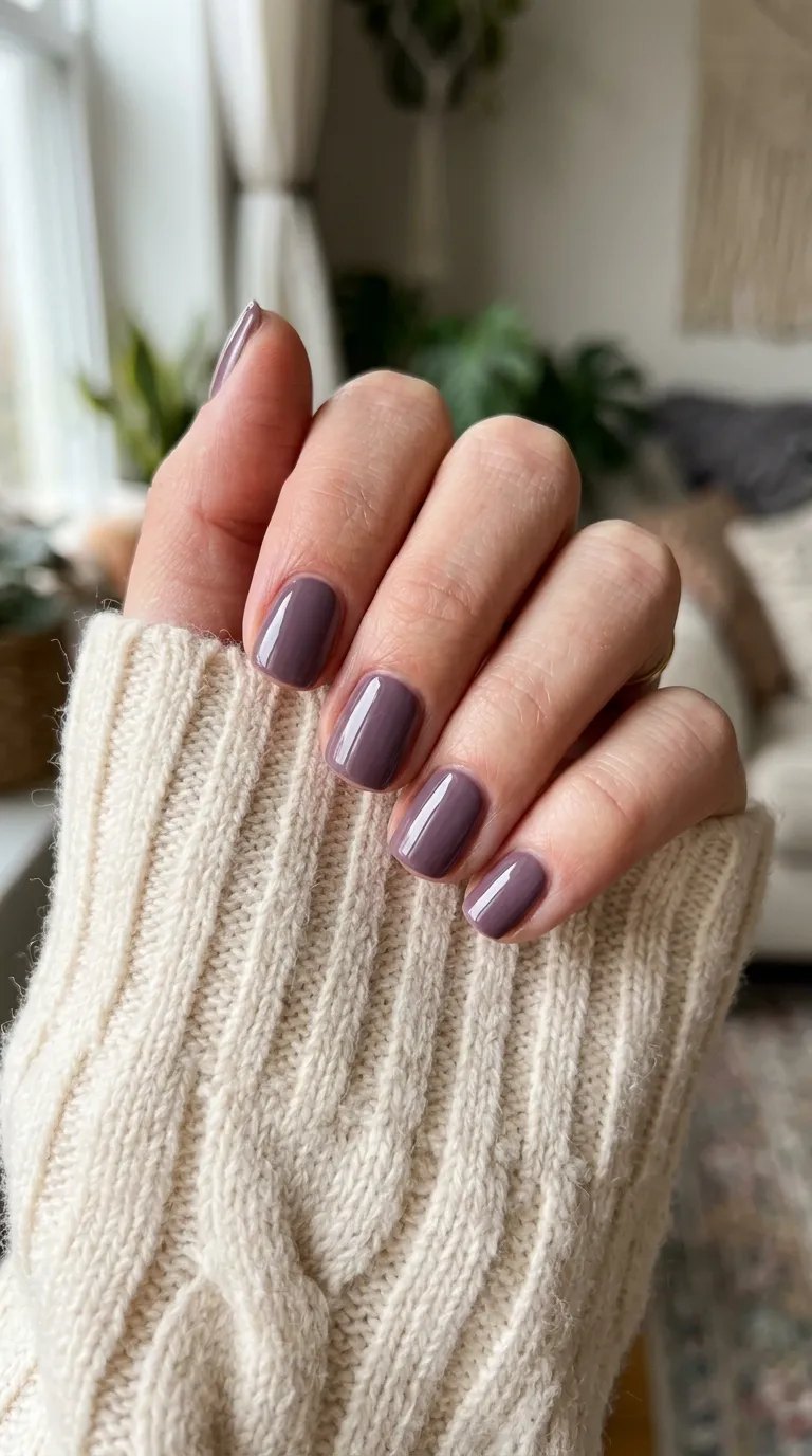Plum Fall Nails &ndash; dusty plum short squoval nails on a cream knit sweater sleeve