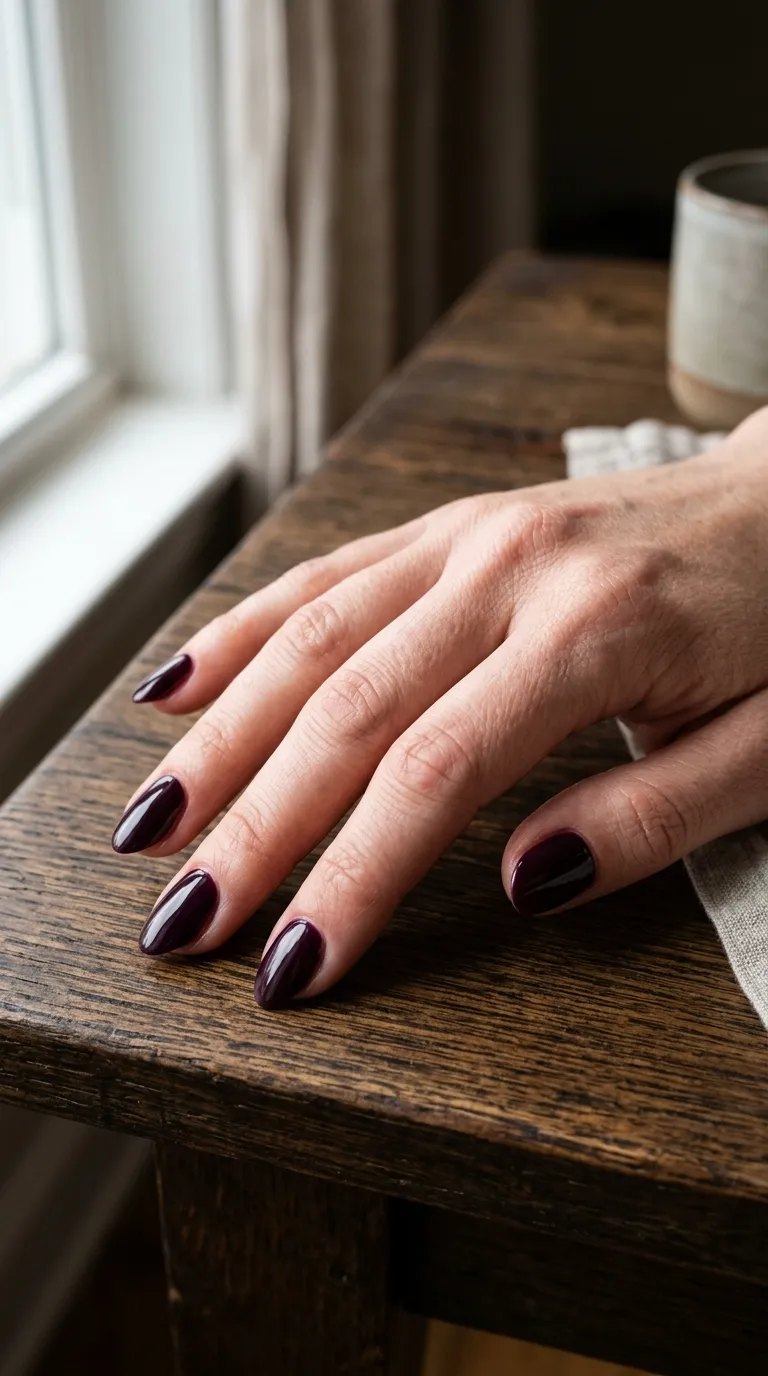 Plum Fall Nails &ndash; deep aubergine nails on a dark wooden table by a window