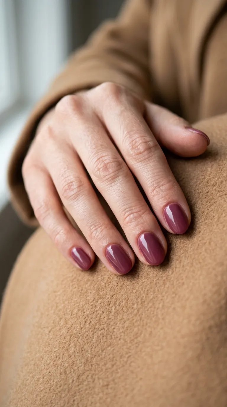 Plum Fall Nails &ndash; red-plum wine-toned nails on a camel wool coat