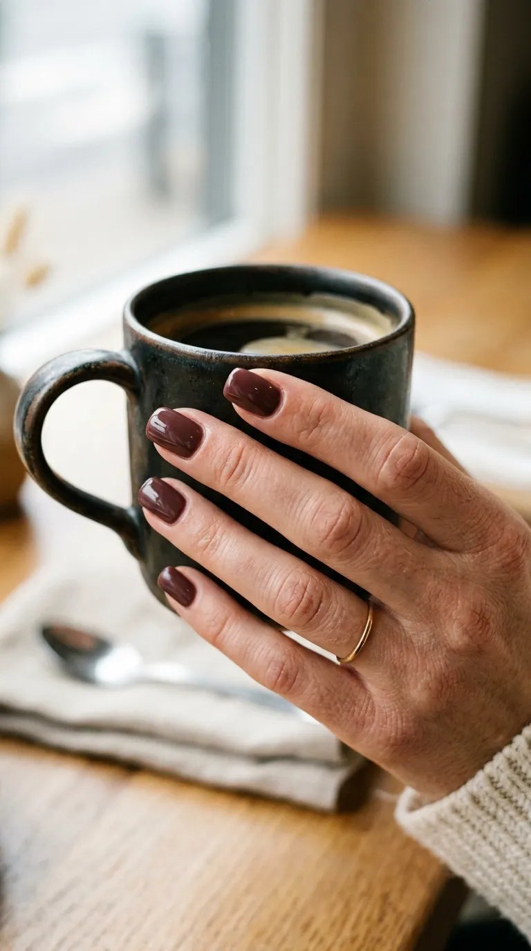 Raisin-like brown-plum nails on a hand holding a dark ceramic coffee mug
