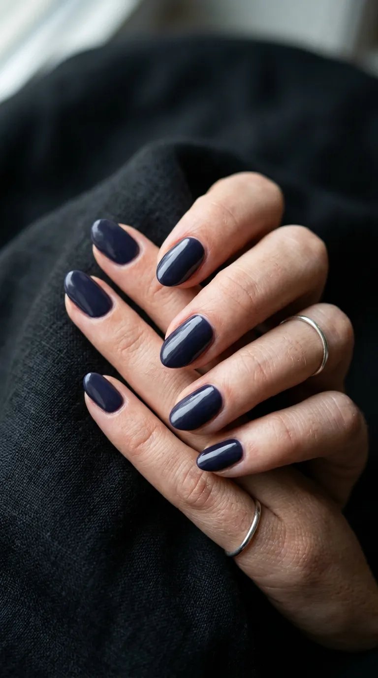 Cool blue-plum midnight navy almond nails with silver rings on black linen