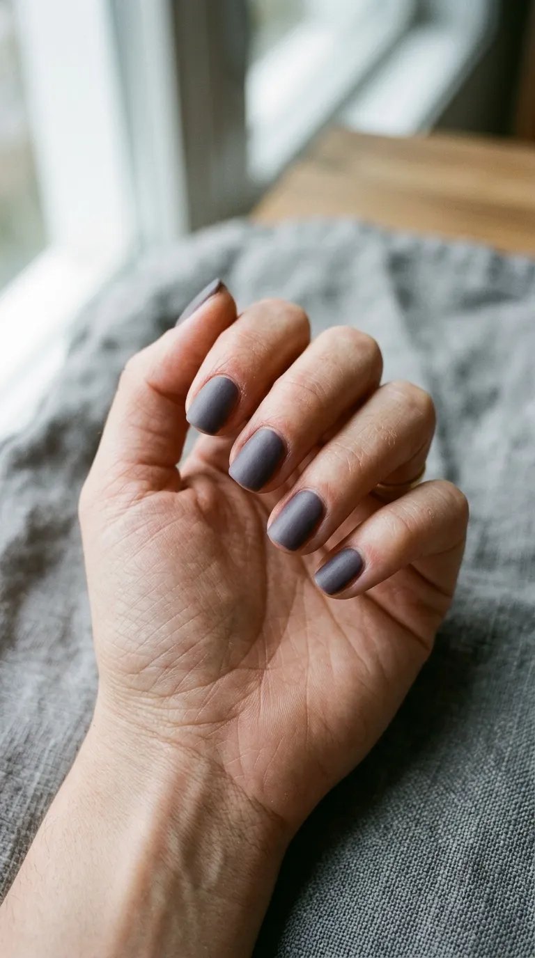 Smoky grey-plum ash-purple short nails on grey linen