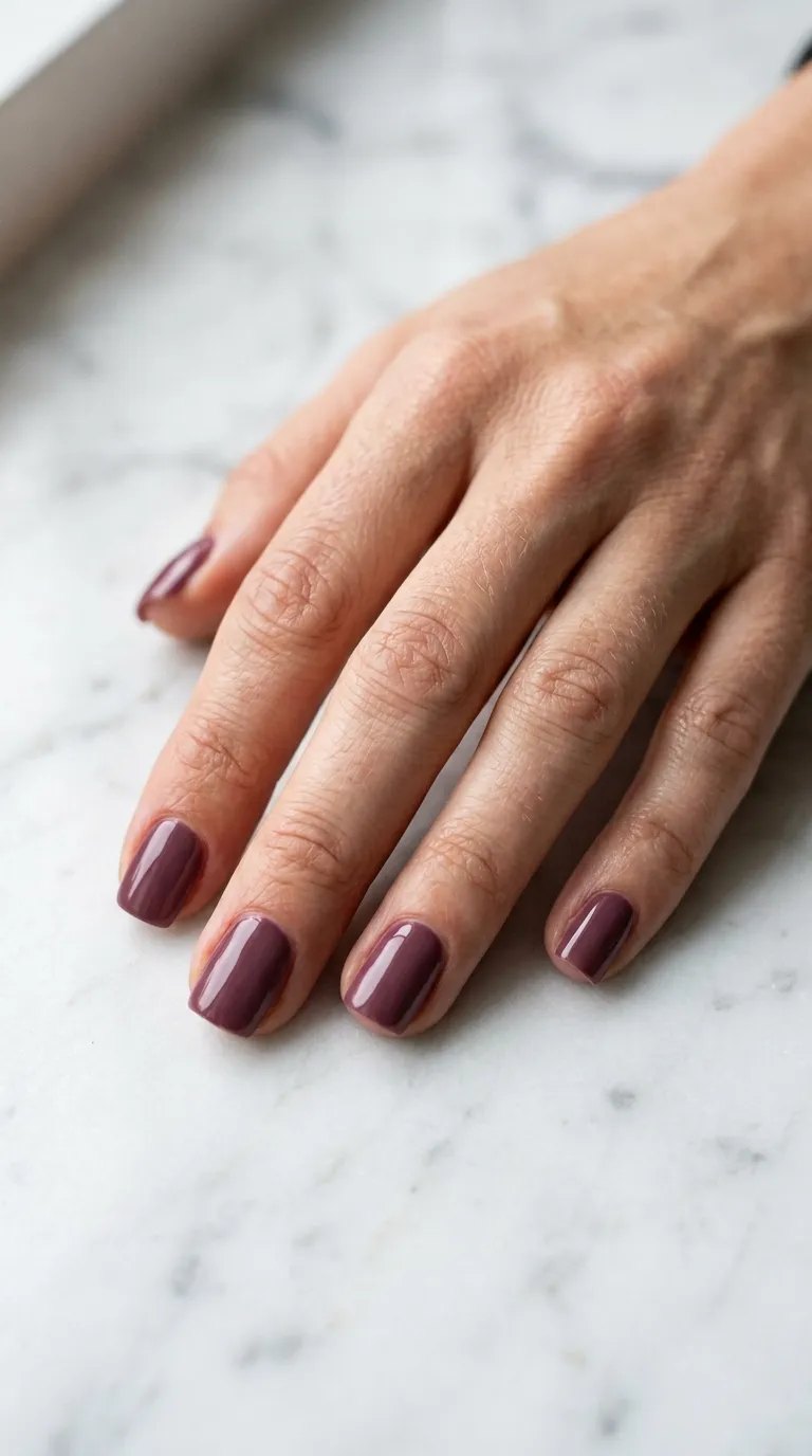 Glossy cream plum short nails on a white marble surface