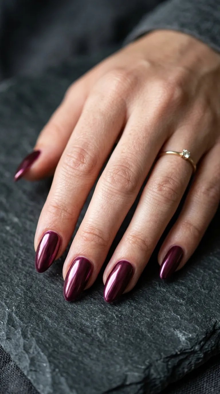 Plum chrome mirror almond nails on dark slate stone