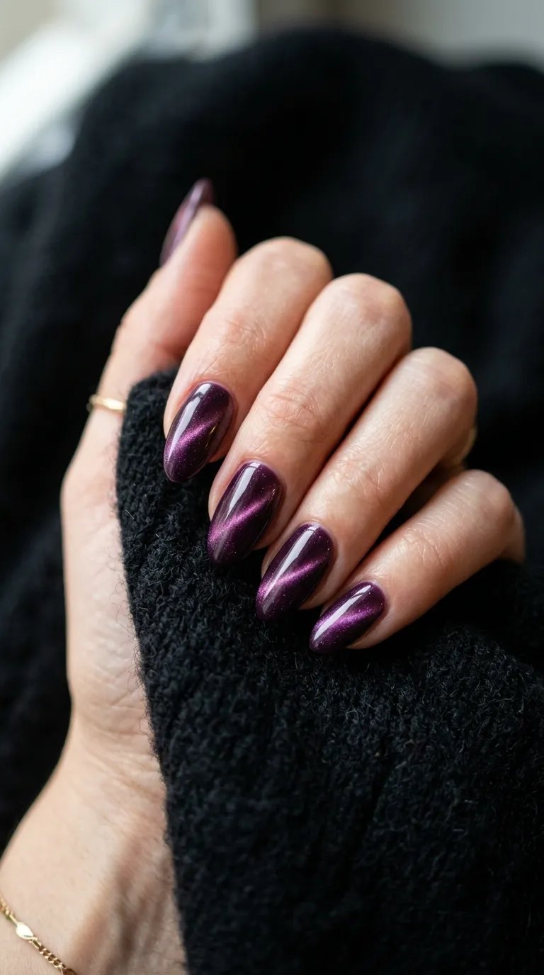 Plum cat-eye magnetic nails with a bright line of light on black wool