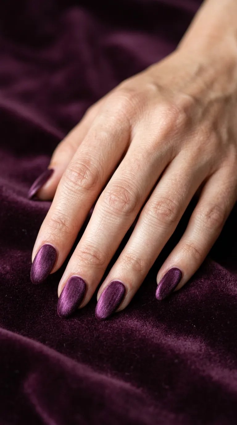 Plum velvet magnetic finish almond nails on plum velvet fabric